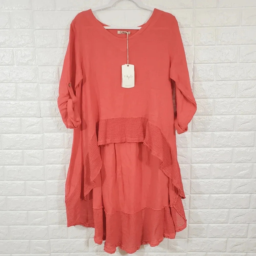NWT 7 AGosto linen high low dress made in Italy.S